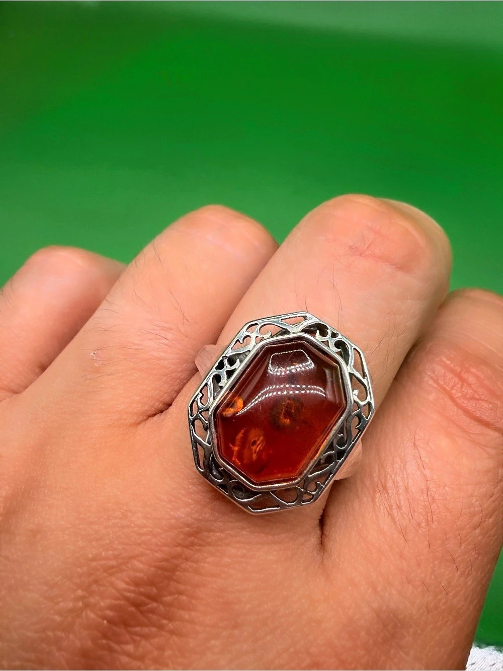 925 Sterling Silver Amber Ring Size 10.25.